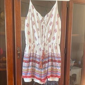 Juniors (Small) Cream Boho Tassel Tie Romper with Brick Red & Blue Pattern